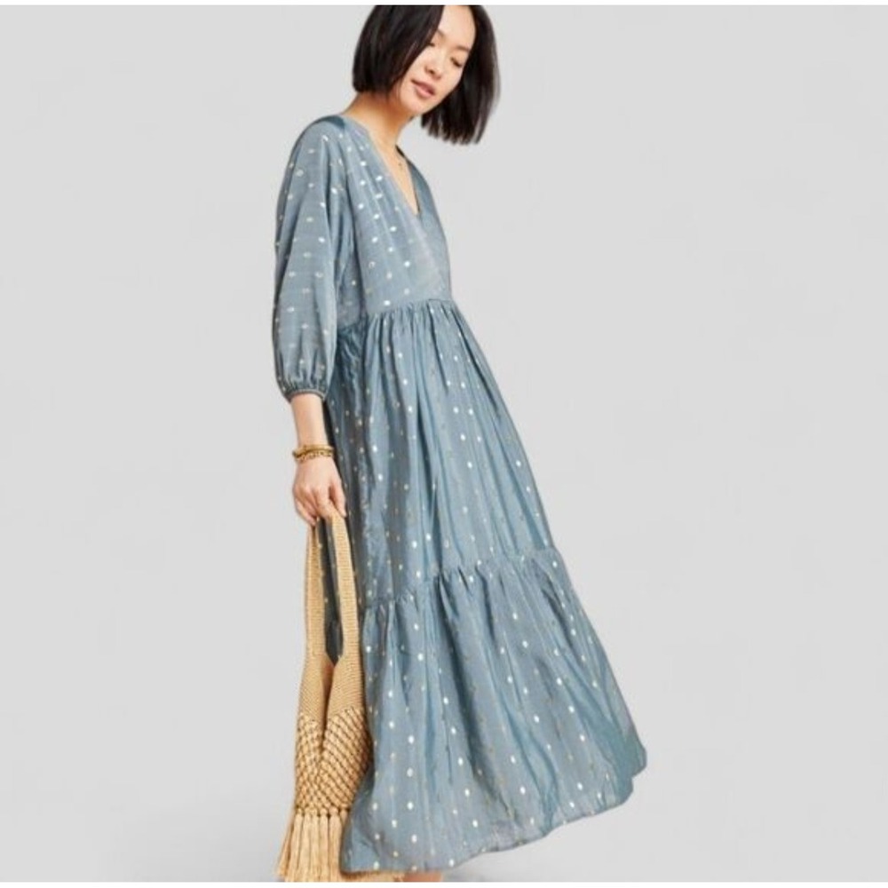 Anthropologie Stormy Blue‎ Tiered Maxi Dress Metallic Dot Napoli Size M - Picture 2 of 15